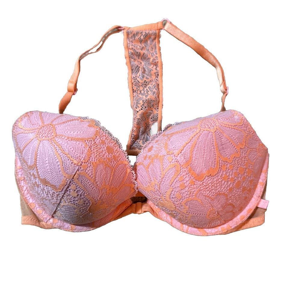 Victoria's Secret‎ Push Up Bra Size 32D Orange/Pink Front Closure